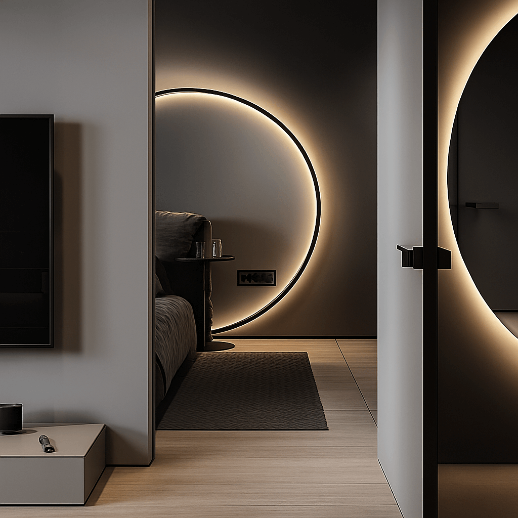 Detailansicht LED Ring Wandlampe, Aluminiumrahmen