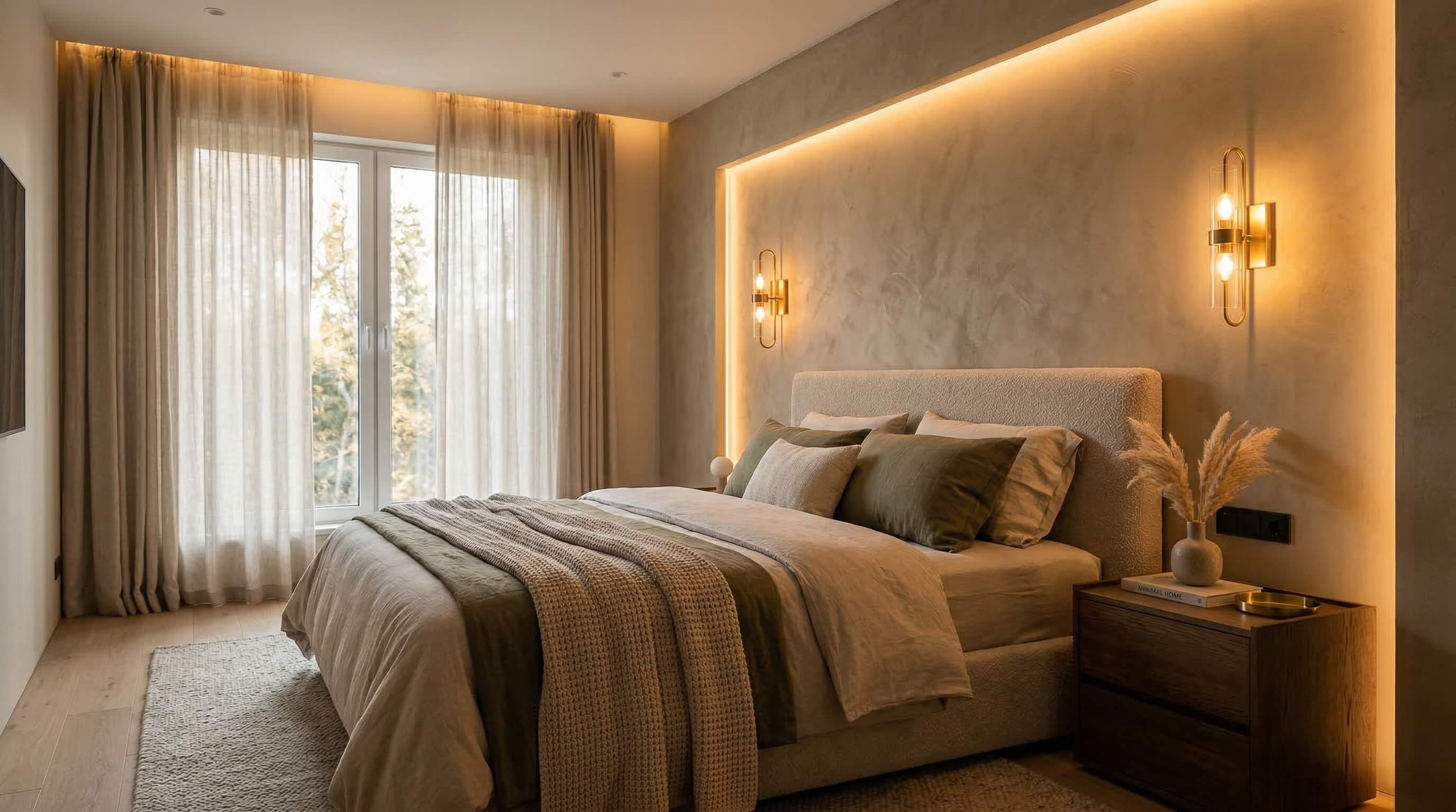 Wandlampe neben Bett im Schlafzimmer, indirektes warmweißes Licht